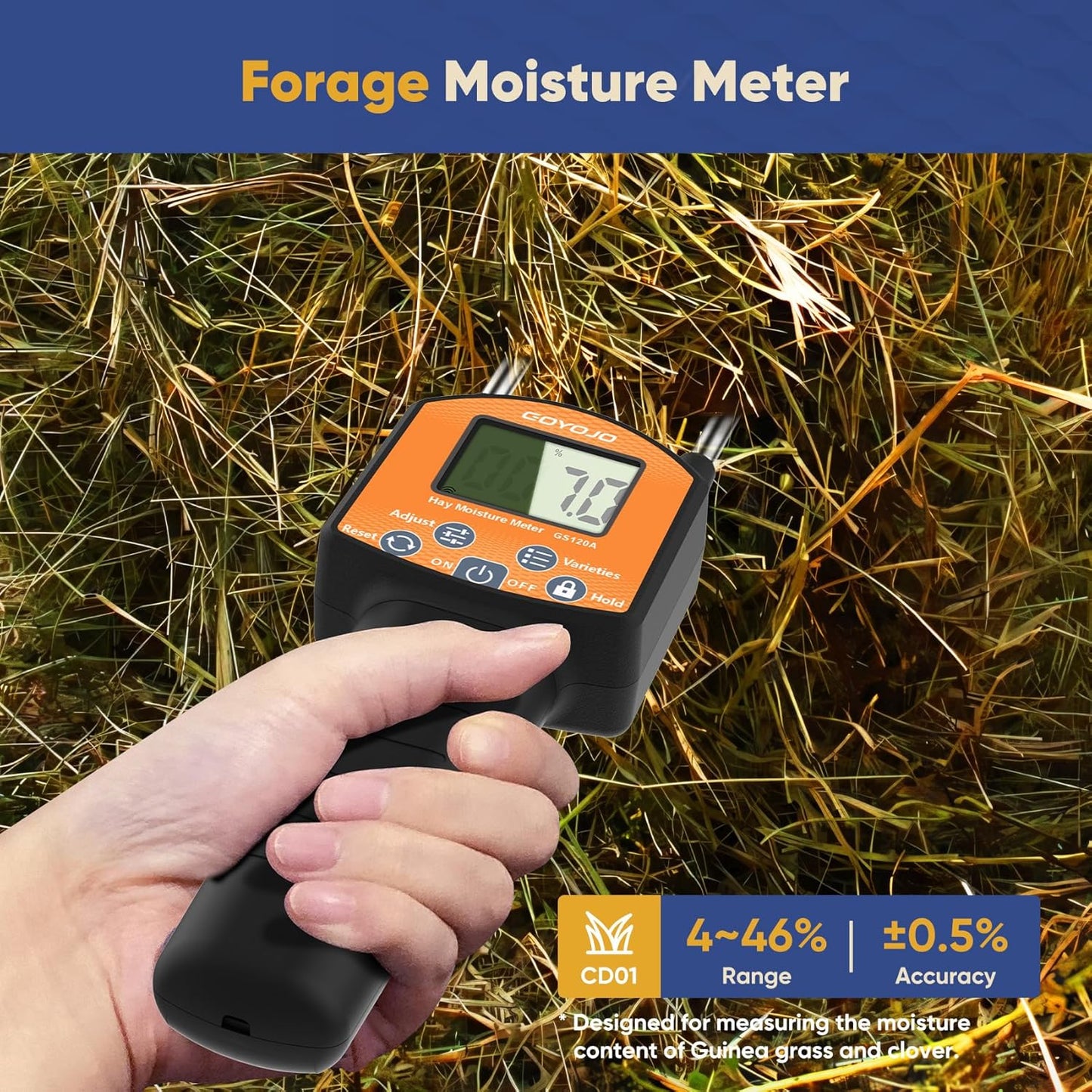 GS120A Hay Moisture Tester Meter – Portable Digital Probe Tester with LCD, 0-80% Moisture Range, for Alfalfa, Leymus, Orchard Grass, Straw Bales Fast Accurate Digital Sensor Hay bale Moisture Meter
