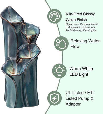 Glitzhome 31.25" H Outdoor Water Fountain with LED Lights and Pump, 4 Tier Turquoise Lotus Leaf Textured Ceramic Floor Standing Fountain, Vase Waterfall Fountains for Porch Deck Garden Patio Backyard