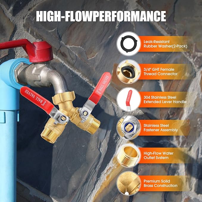 Hose Splitter 2 Way Heavy Duty, 3/4 Inch GHT Thread Y Valve Connector with Stainless Steel Long Handle, Full Flow Garden Brass Hose Splitter for Outdoor Watering, Irrigation, Washing