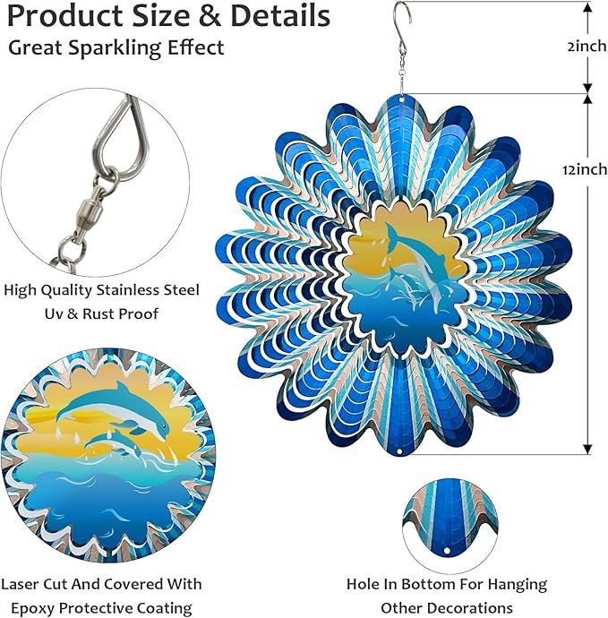 Animated Dolphin Wind Spinner | 3D Holographic Stainless Steel Kinetic Wind Spinners, Magical Dolphins Leaping Illusion, Outdoor Yard Art Garden Decor, Gift for Ocean Lover