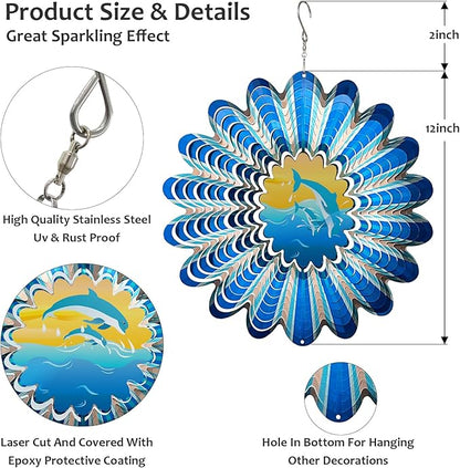 Animated Dolphin Wind Spinner | 3D Holographic Stainless Steel Kinetic Wind Spinners, Magical Dolphins Leaping Illusion, Outdoor Yard Art Garden Decor, Gift for Ocean Lover