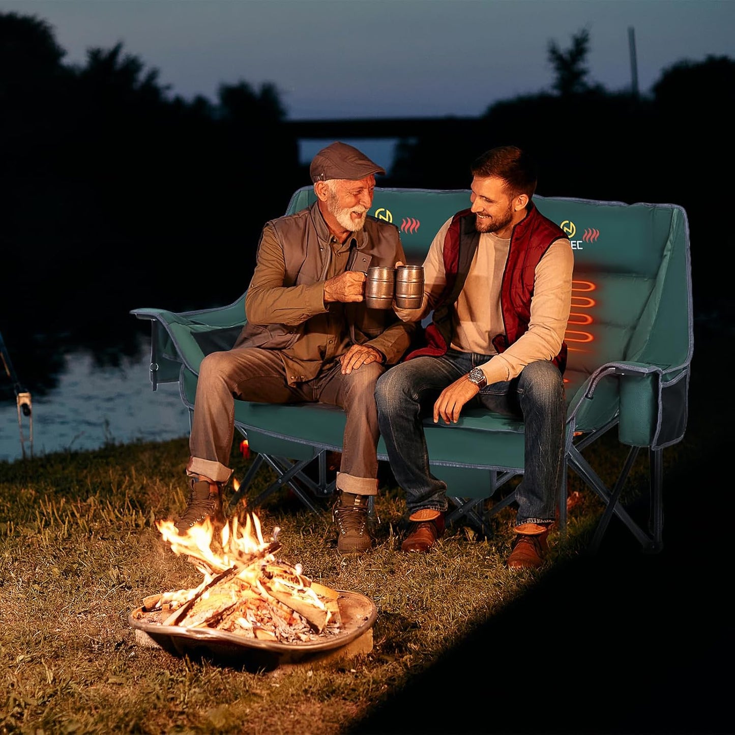 Nice C Heated Camping Chair with Battery, Heated Double Camping Couch, Oversized Thick Padded Loveseat, Heated Camping Chair for Adults, with Cooler Bag, Bottle Opener, Power Bank (Green)