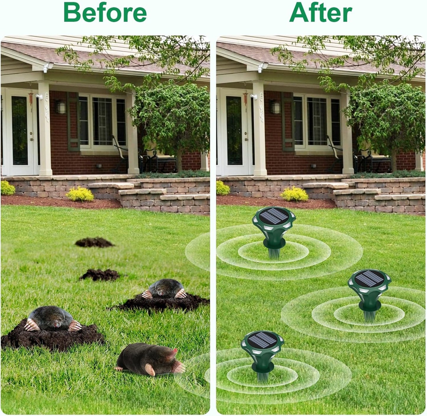 Mole Repellent Solar Powered Ultrasonic Solar Mole Deterrent Stakes for Lawn, Gophers Groundhog Snake Voles Rat Repellent for Yard Outdoor, Auto LED Lights at Night (Pack of 4)