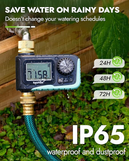 RAINPOINT Sprinkler Timer with Brass Inlet & Outlet, Programmable Hose Timer for Garden Soaker Hose, Watering Timer with Rain Delay/Manual Watering System, Digital Drip Irrigation for Yard, Lawn