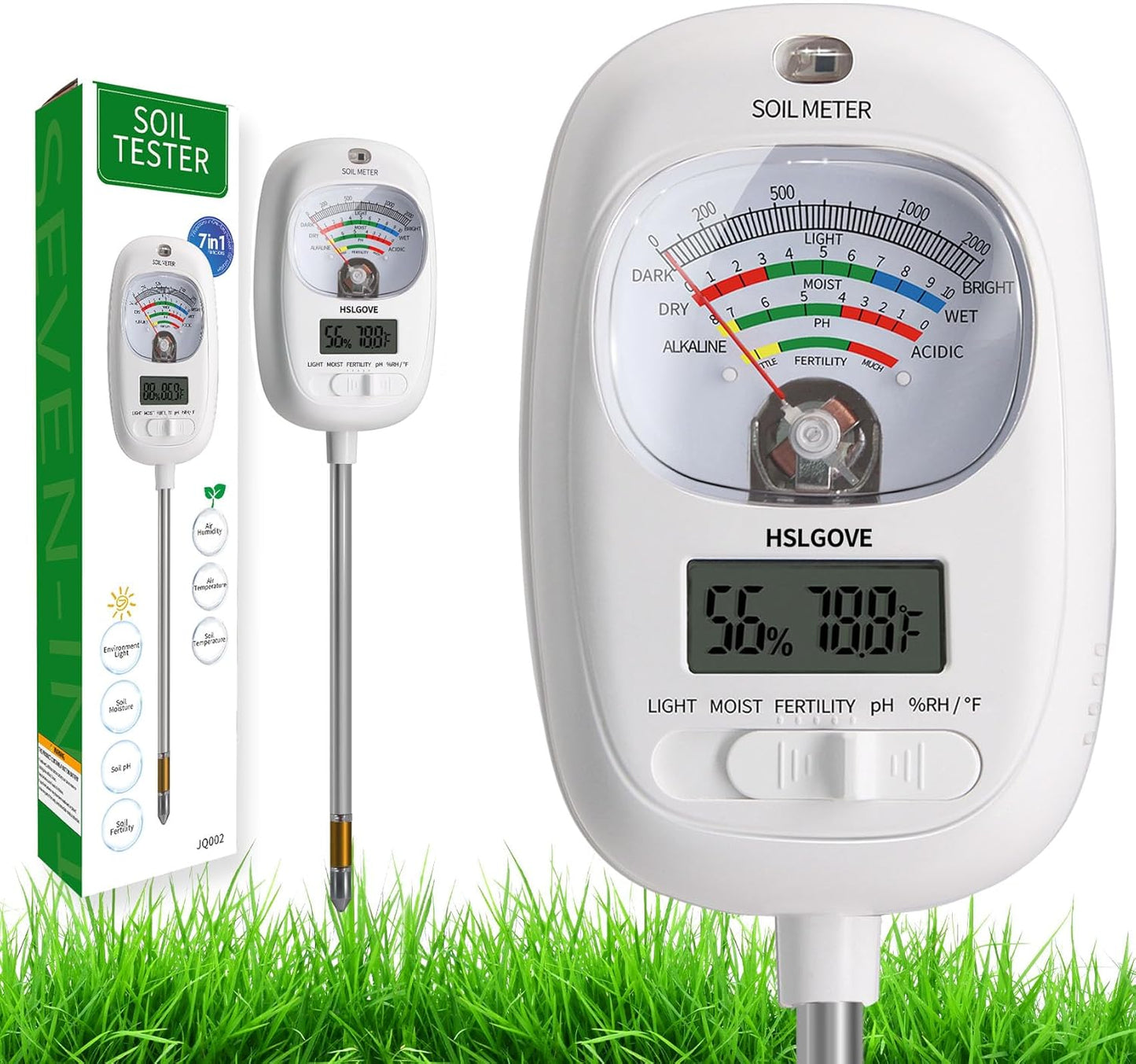 HSLGOVE Soil Test Kit, 7-in-One Soil Moisture Meter/Soil PH Meter/Fertility, Dual Screen Soil Tester w/Digital Soil Temp/Air Temp&Humidity for Plants Gardening,Lawn,Farm Indoor&Outdoor-PureWhite