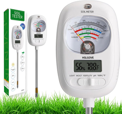 HSLGOVE Soil Test Kit, 7-in-One Soil Moisture Meter/Soil PH Meter/Fertility, Dual Screen Soil Tester w/Digital Soil Temp/Air Temp&Humidity for Plants Gardening,Lawn,Farm Indoor&Outdoor-PureWhite