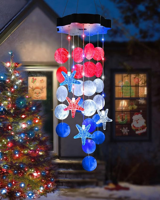 Toodour Solar Decorative Lights Outdoor, Red White Blue Shells Wind Chimes for Garden Porch Yard Window Decor, Gifts for Mom Grandma Women Wife Girls