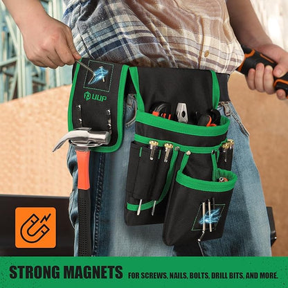 Magnetic Tool Belt for Men, 26 Pockets Heavy Duty Tool Pouch, Magnet Holster Nail Utility Toolbelt Detachable Adjustable Waist Holder for Handyman Contractor Mechanic Plumber Roofer Dad Gift -Green