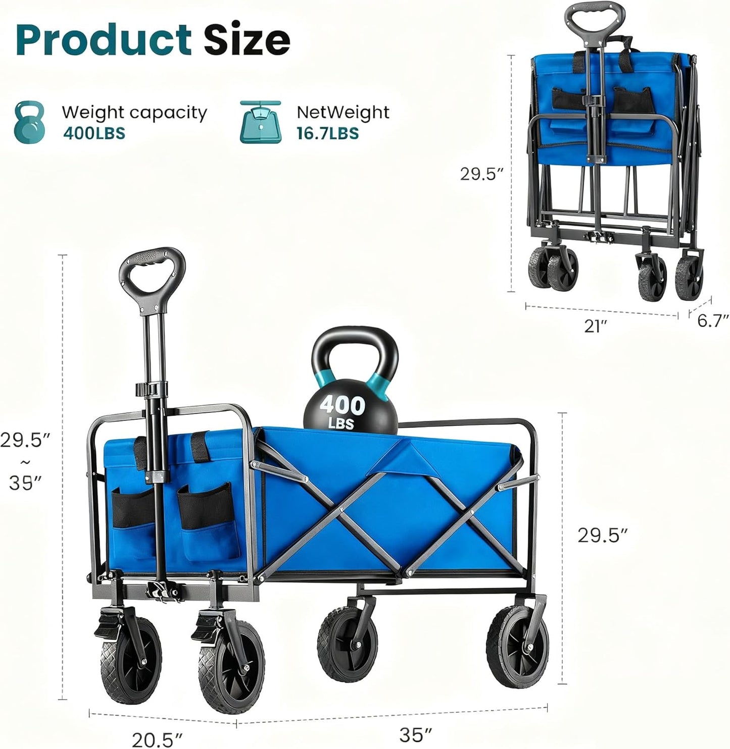 OLIXIS Wagon Cart, Heavy Duty 400 LBS Foldable Collapsible Large Wagons Carts with Wheels Smooth Maneuverability for All-Terrain, Suitable for Gardening, Camping, Beach - Blue