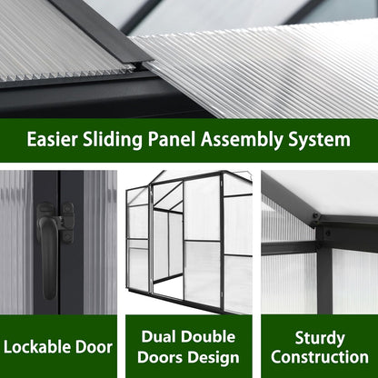 BlueWish 8x8FT Greenhouse for Outdoors, Greenhouses with Adjustable Vents, Lockable Door, Outdoor Aluminum Greenhouse Kit with Polycarbonate Panel, Walk-in Green House for Garden, Backyard, Gray