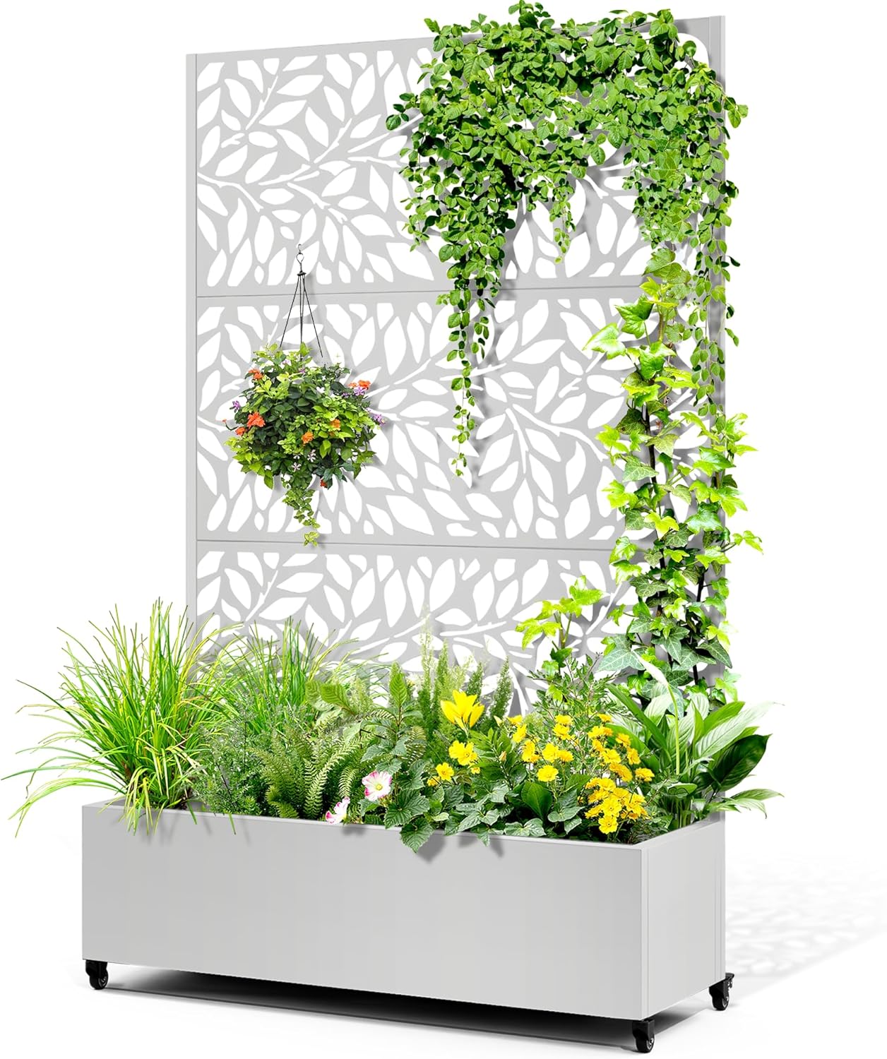 Metal Raised Garden Bed with Trellis, 2 in 1 Trellis with Planter Box & Privacy Screen for Climbing Plants, Vine, Outdoor Standing Flower Beds with Drainage Holes,47.2" L x 16.7" W x 70.8" H,(White)