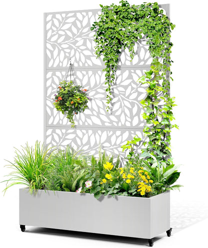 Metal Raised Garden Bed with Trellis, 2 in 1 Trellis with Planter Box & Privacy Screen for Climbing Plants, Vine, Outdoor Standing Flower Beds with Drainage Holes,47.2" L x 16.7" W x 70.8" H,(White)