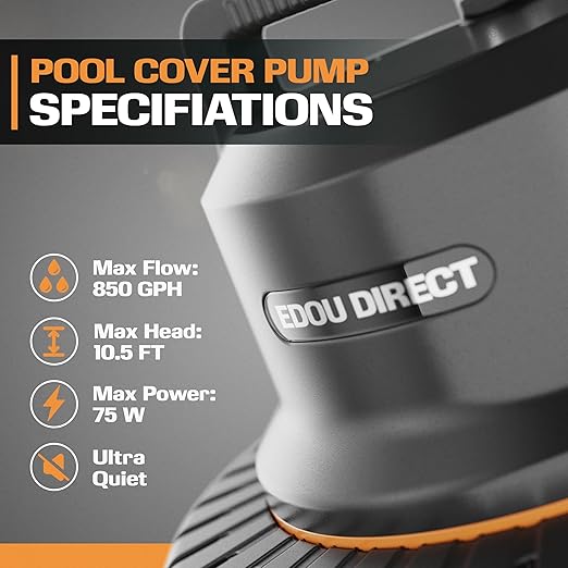 EDOU Pool Pump - Dual Usage Submersible & Pool Cover Pump - 850 GPH Flow Rate - Ideal for Water Draining - Ultra Quiet Pump - Includes 3 Adapters 1/4" 1/2" & 3/4", 25ft Power Cord & 16ft Drainage Hose