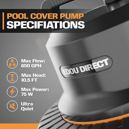 EDOU Pool Pump - Dual Usage Submersible & Pool Cover Pump - 850 GPH Flow Rate - Ideal for Water Draining - Ultra Quiet Pump - Includes 3 Adapters 1/4" 1/2" & 3/4", 25ft Power Cord & 16ft Drainage Hose