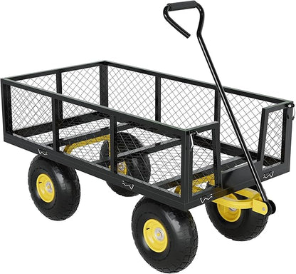 Metal Wagon - 500lbs Garden Cart with 10" Multi-Terrain Tires, 4 Removable Mesh Sides & 180° Swivel Handle, Yard Wagon Cart for Lawn, Yard, Patio Gardening