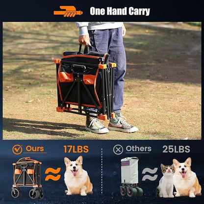 EchoSmile Collapsible Folding Wagon Cart 360lbs, Heavy Duty Garden Utility Cart with All Terrain Wheels, Large Capacity Outdoor Wagon for Camping, Beach, Shopping, Picnic (Black Orange)