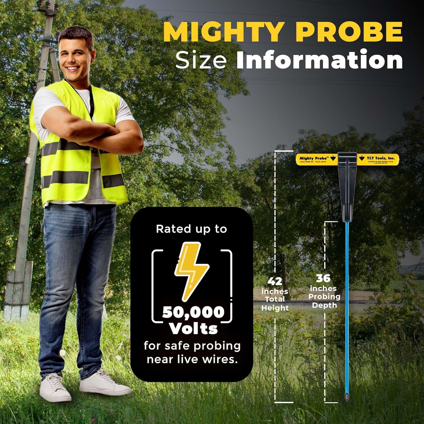 T&T Tools 42-Inch Mighty Probe Insulated Metal Soil Probe – 3/8" Metal Round Rod, Heavy Duty Design for Easy Penetration & Withdrawal, Soil Testing & Landscaping Tools, T-Handle, USA-Made-1 Pack