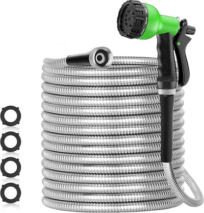 SPECILITE 150ft 304 Stainless Steel Garden Hose Metal, Heavy Duty Water Pipe with Nozzles for Yard, Outdoor - Flexible, Never Kink & Tangle, Puncture Resistant (Sliver)