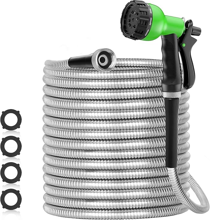 SPECILITE 75ft 304 Stainless Steel Garden Hose Metal, Heavy Duty Water Pipe with Nozzles for Yard, Outdoor - Flexible, Never Kink & Tangle, Puncture Resistant (Sliver)