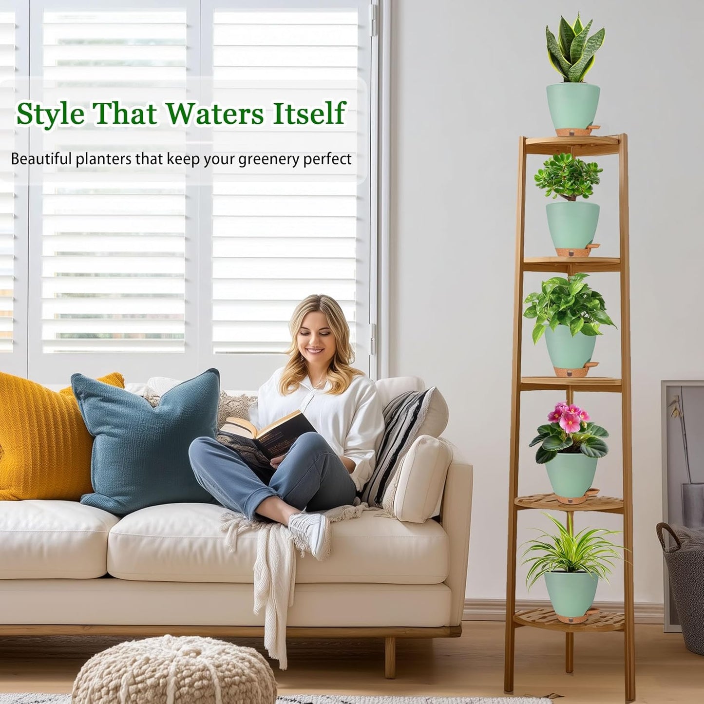 6 Inch Self Watering Pots for Indoor Plants (5-Pack) – Small Plastic Planters with Water Window, Drainage Holes & Trays, Indoor Outdoor Flower Pots for Herbs, Succulents, Home Garden Decor (Green)