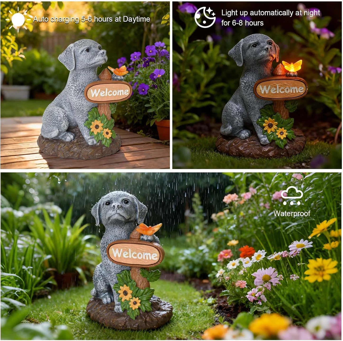 Solar Garden Decor Dog Figurine Outdoor Decoration with Butterfly Light for Home Garden Patio Yard Balcony Lawn Ornaments, Birthday Gifts for Dog Lovers Women, Mom, Grandma