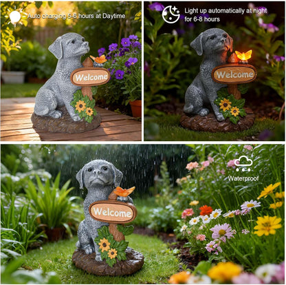 Solar Garden Decor Dog Figurine Outdoor Decoration with Butterfly Light for Home Garden Patio Yard Balcony Lawn Ornaments, Birthday Gifts for Dog Lovers Women, Mom, Grandma