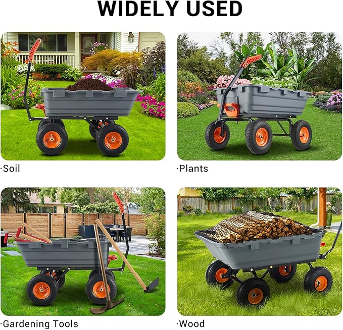 Generic Heavy Duty Garden Dump Cart, 800 Lbs Capacity Poly Utility Cart with 10in Pneumatic Tires & Rotating Handle for Yard, Garden, Lawn