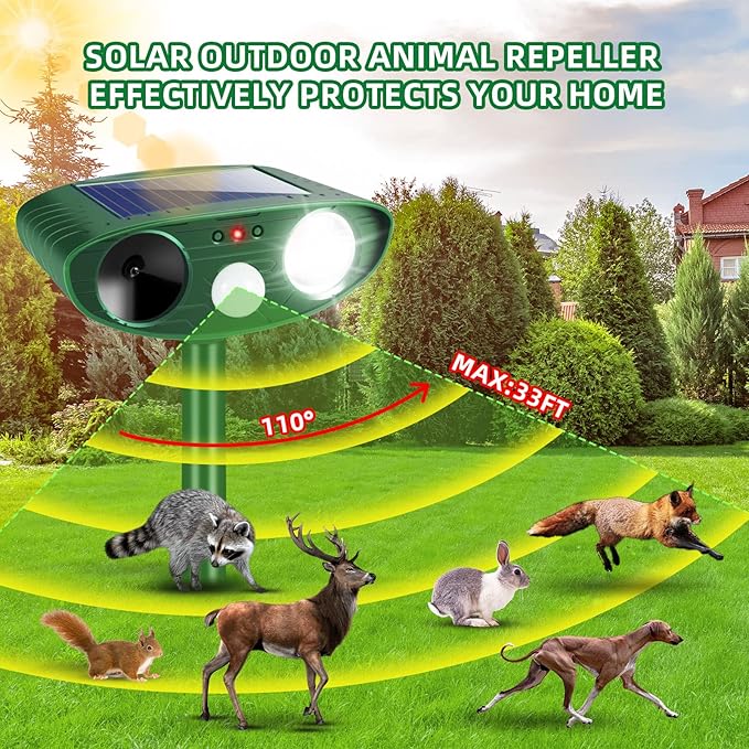 4 Pcs Solar Ultrasonic Animal Repeller Outdoor Cat Repellent Deer Repeller with Strobe Light,Waterproof Animal Deterrent Devices for Rabbit Raccoon Squirrel Dog Coyote Skunk Repellent for Yard Garden