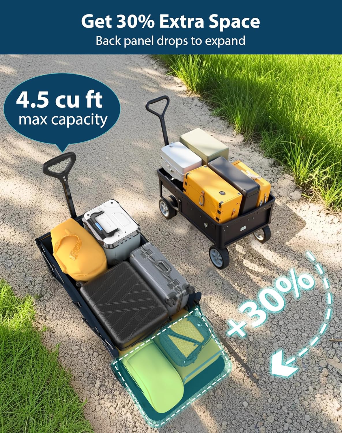 Lightweight Folding Wagon, Large Capacity Collapsible Grocery Cart on Big Wheels, Heavy Duty Foldable Shopping Carts, All-Terrain Outdoor Utility Carts, 4.5 Cu Ft, Blue