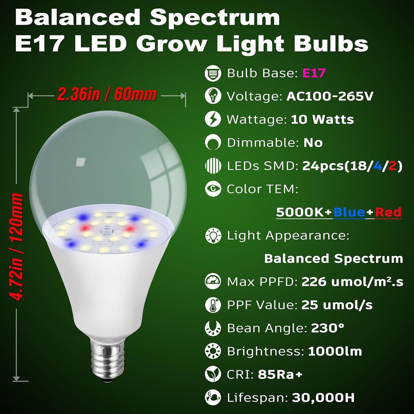 ALIDE E17 Intermediate Base Plant Grow Light Bulbs for Indoor Plants, E17 Full Spectrum Sun Grow LED Lamp 10W with Balanced Spectrum 5000K Red Blue Yellow for Seeds Greens Laboratory,Greenhouse,3Pack