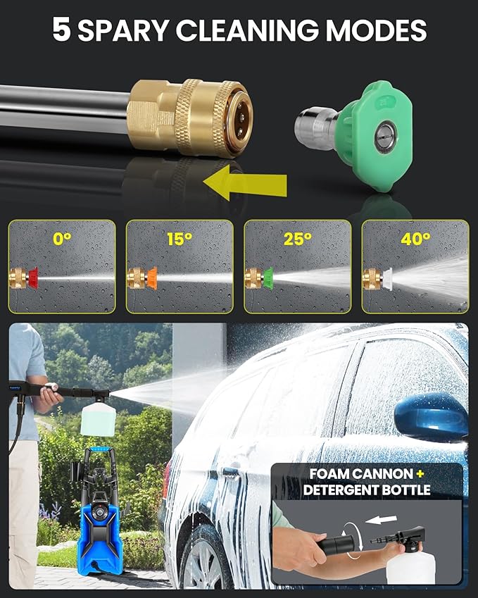 Pressure Cleaner High Power Cleaner with 33ft Pressure Hose, 4 Nozzles and 500ml Foam Cannon for Cars/Fences/Driveways/Patios/Home Cleaning (Light Blue)