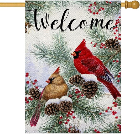 Welcome Winter House Flags for Outdoor Decoration, Christams Cardinal Pine Twigs Berry Large Yard Flag, Decorative Xmas Seasonal Farmhouse Holiday Outside Decor 28x40 Inch Vertical Double Sided