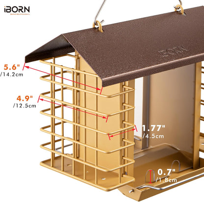 iBorn Bird Feeders for Outdoors,Bird Feeder with Double Suet Holders,Suet Feeder for Outside Hanging,Large Weatherproof Metal Roof,Easy to Refill & Clean,3.2 LBs Seed Capacity + 2X Cakes,1 Pack,Coffee