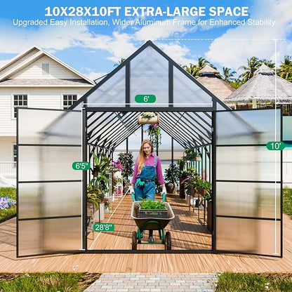 CDCASA 10x28 FT Greenhouse for Outdoors,Large Easy Assembly Thicker Aluminum Polycarbonate Greenhouses w/6 Windows, Double Door, Walk-in Green House for Outside,Patio,Backyard,Garden
