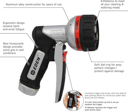 Eden PRO 94833 Metal Front Trigger 6-Pattern Turbo Nozzle, Heavy Duty Hose Sprayer for Garden, Plants, Lawns, Quick Connect Set Included