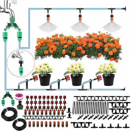 100ft Drip Irrigation System with 50 Adjustable Sprinklers – Automatic Garden Watering System for Outdoor Plants, Lawns, Flower Beds – Efficient Water-Saving Sprinkler System