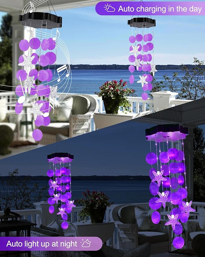 Toodour Solar Wind Chimes for Outside, Shells Light Gifts for Mom Grandma Women Wife Girls, Waterproof Solar Outdoor Decorative Mobile Light for Holiday Garden Porch Yard Outdoor Decor (Purple)