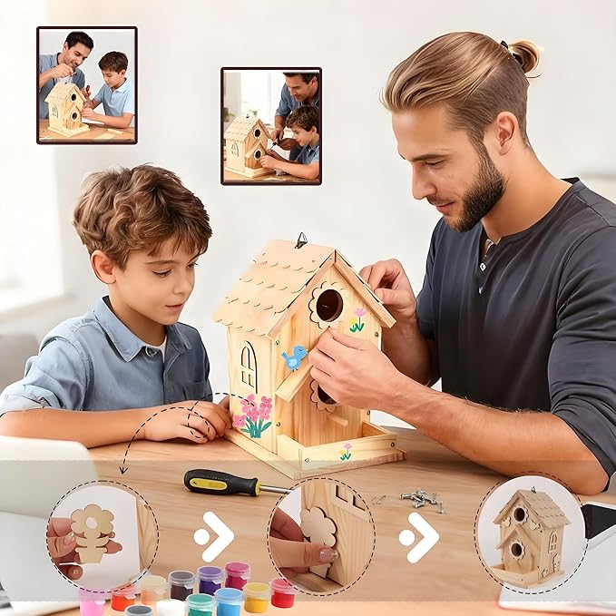DIY Birdhouse Kit for Kids and Adults - Wooden Bird House Kit with Paint, Brushes, Glue, and Hanging Twine for a Hanging Birdhouse - Ideal Gift for Garden and Courtyard Outdoor Decor