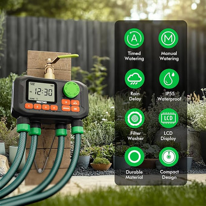RESTMO 4 Zone Sprinkler Timer with Brass Inlet, Programmable Water Timer for Garden Hose, Automatic Control | Manual ON/Off | Rain Delay for Outdoor Faucet, Drip Irrigation and Lawn Watering System