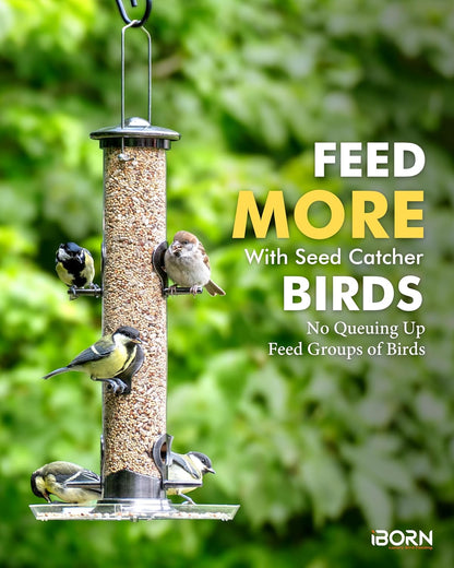 iBorn Bird Feeders Seed Catcher for Outside Hanging 6 Port Bird Feeder for Cardinal Birds Aluminium Metal,Brushed Black Nickel Finishing 14 Inch 6 Port (Seed is not Included)