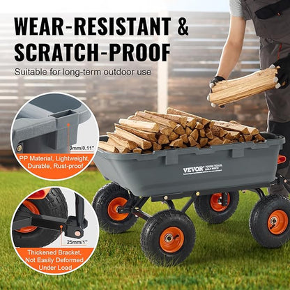 VEVOR 800lbs Poly Dump Garden Cart, Heavy Duty Yard Dump Cart Wagon, 4 Wheel Wheelbarrow with 10in Tires, 180°Rotating Handle, Steel Frame and Quick Release System