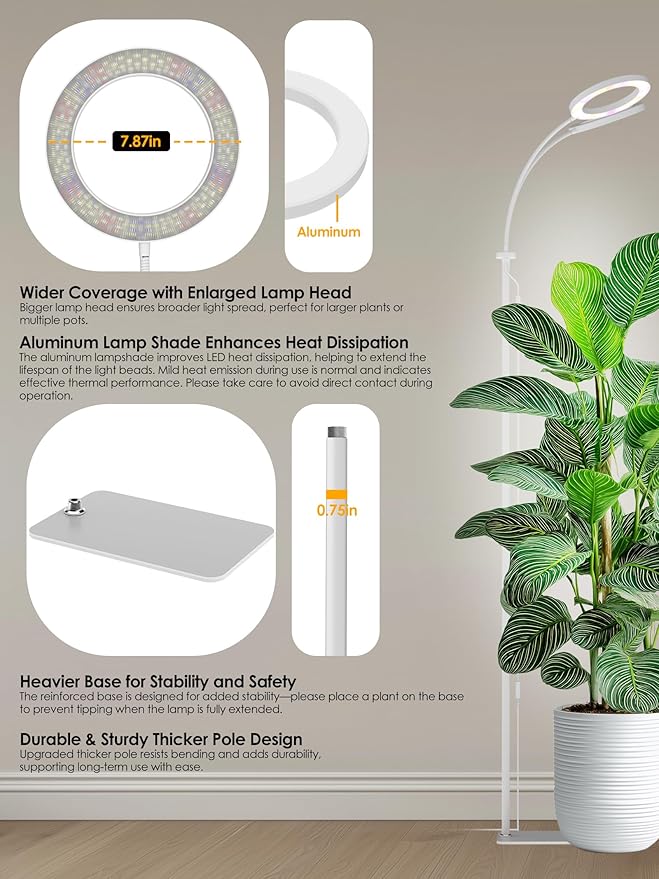 GLOWRIUM Grow Lights for Indoor Plants,Plant Light with 3/9/12/16H Grow Light Timer,2-Head 48W Full Spectrum LED Grow Light, 3 Lighting Mode and Stepless Dimming (White, 48W)