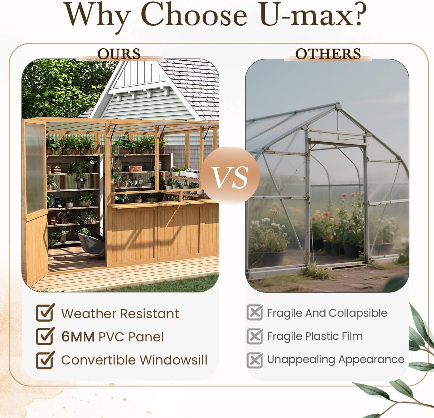 U-MAX 6x10 Ft Wood Greenhouse for Outdoors with Openable Window & Lockable Door, Heavy Duty Lean to Walk in Greenhouse with Polycarbonate Panel for Outside, Garden and Backyard