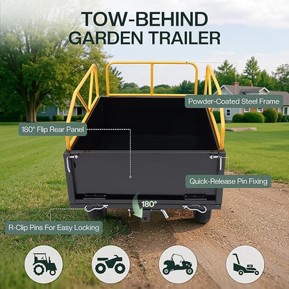 Jocisland Garden Utility Trailer, 500Lbs 12 Cu.Ft ATV UTV Trailer Tow Behind Dump Cart with Removable Sides, Rear Hitch & Convenient Handle, Outdoor Lawn Mower Cart for Tractor
