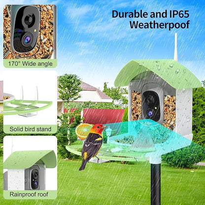 Bird Feeder with Camera, AI Identify Birds Species, FHD 2K Video Quality Bird Watching, Wireless Outdoor Weatherproof Birds House, Solar-Powered, for Garden, Yard,Patio, Green