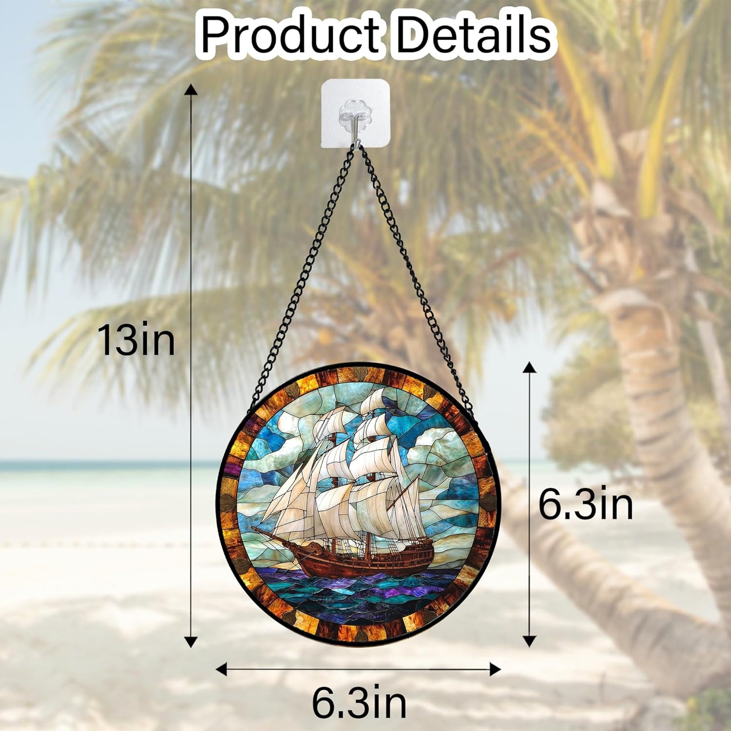 Stained Glass Window Hanging, Sailing Ocean Sun Catchers Glass Panel Navigation Suncatcher Decor for Birthday for Women, Men, Wife, Aunt, and Mom 6.3 in