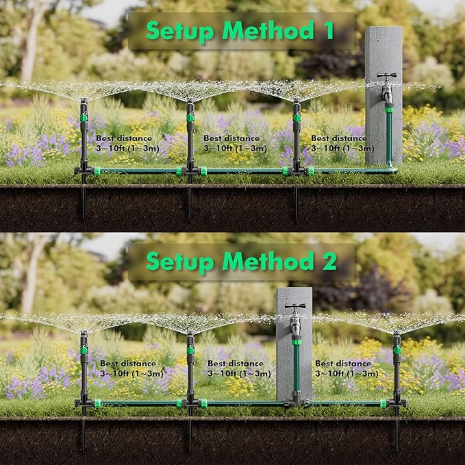 RESTMO Flexible Sprinkler System with Metal Spike Base, Above Ground DIY Irrigation Kit, Multi-Adjustable Lawn Sprinkler Set, Ideal for Plant and Flower Bed Watering, 30ft Garden Hose Included