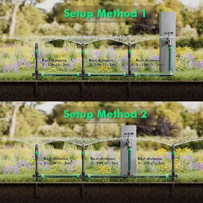 RESTMO Flexible Sprinkler System with Metal Spike Base, Above Ground DIY Irrigation Kit, Multi-Adjustable Lawn Sprinkler Set, Ideal for Plant and Flower Bed Watering, 30ft Garden Hose Included