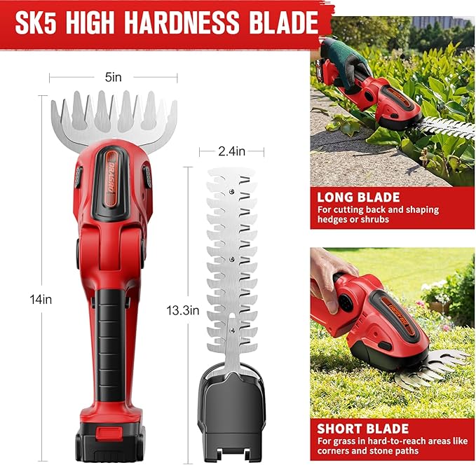 24V Cordless Grass Shears, 2200RPM 2-in-1 Handheld Electric Grass Cutter/Shrubbery Trimmers, Mini Shrub Trimmer Battery Operated Hedge Trimmer with 2Pcs 2.0Ah Batteries and Charger Included