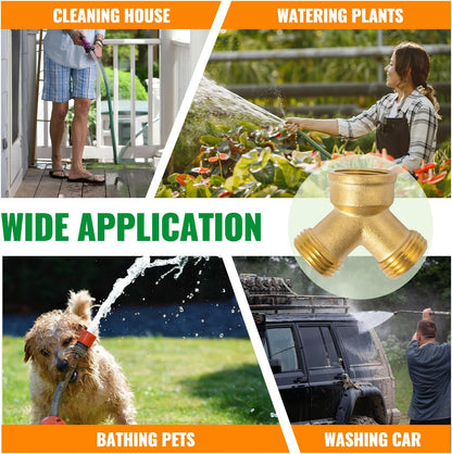 SUNGATOR 3/4 Inch GHT Y Valve, 2 Way Brass Garden Hose Splitter Heavy Duty, 3/4'' GHT Garden Hose Bib Splitters, Brass Y Valves with Extra 4 Rubber Washers, 1 Sealing Tape (2-Pack)